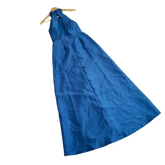 NWT Alfred Sung Dusk Blue Bridesmaid Sateen Full Length High Neck Twill Dress 4 - Picture 3 of 12